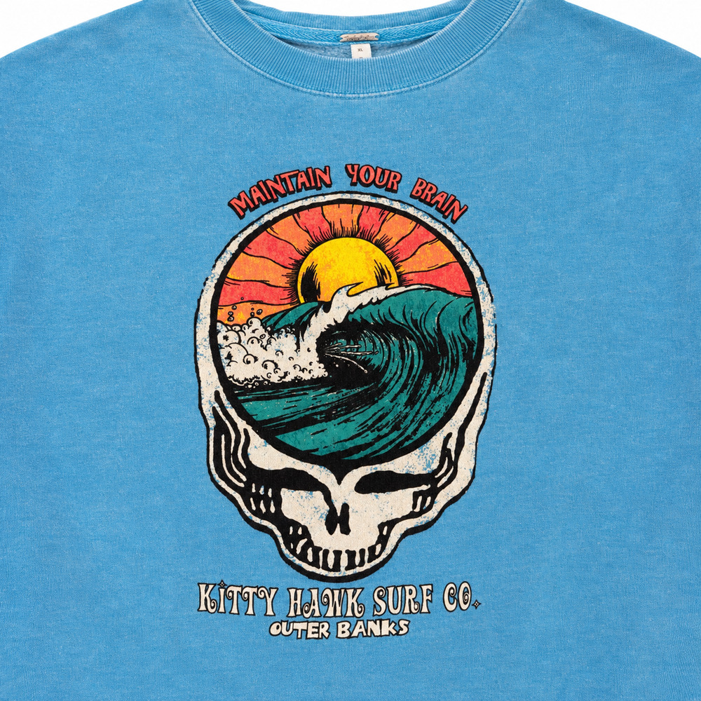 TKitty Hawk Surf Co Sweatshirt XL Blue Skull Wave Outer Banks Surf Skate - Picture 2 of 6